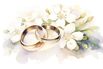 Fototapeta na wymiar Wedding rings with jasmine flowers, watercolor illustration