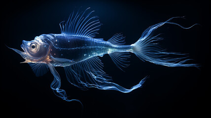 luminous fish transparent animal deep-sea creature fictional , light ocean depth, overlay layer isolated on black background - obrazy, fototapety, plakaty