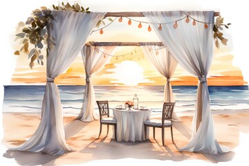 Wedding table on the beach at sunset. Watercolor illustration