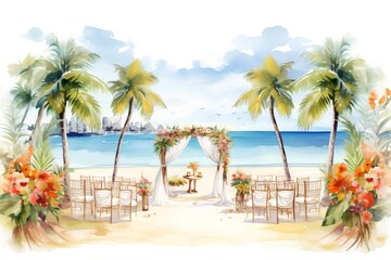Fototapeta na wymiar Tropical wedding ceremony on the beach. Watercolor illustration.