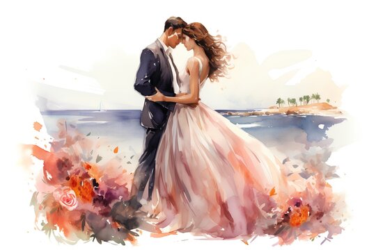 Watercolor illustration of a bride and groom on the background of the sea