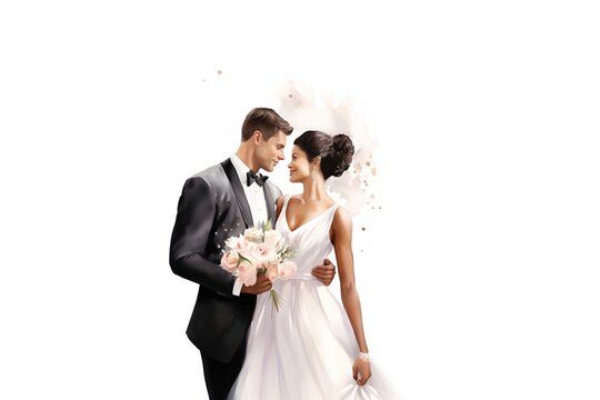 bride and groom embracing each other with splashes isolated on white