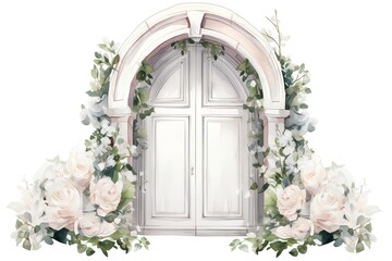 Watercolor vintage door with white flowers and eucalyptus branches