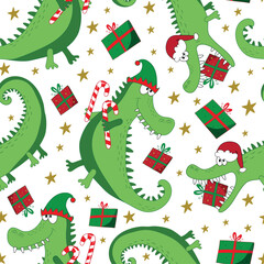 Chritmas alligator, crocodile seamless pattern. Cartoon funny alligator in Santa hat and with gift box and cany cane. Good for textile print, cover, wrapping and wallpaper design.