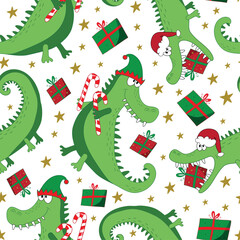 Fototapeta premium Chritmas alligator, crocodile seamless pattern. Cartoon funny alligator in Santa hat and with gift box and cany cane. Good for textile print, cover, wrapping and wallpaper design.