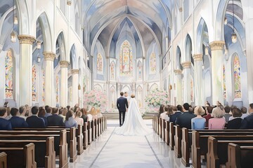 Fototapeta premium Wedding Ceremony Bride and Groom in Catholic Church Interior