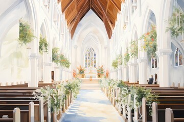 Fototapeta premium Wedding Ceremony in Catholic Church, 3D Illustration