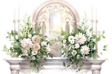 Wedding arch decorated with white flowers. Watercolor illustration.