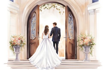 Bride and groom on the background of the arch. Wedding concept.