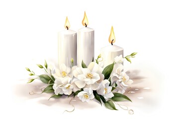 Candles with white flowers. Watercolor illustration isolated on white background