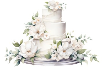 Obraz na płótnie Canvas Wedding cake with flowers isolated on white background. Watercolor illustration