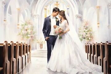 Wedding Couple in the church. Bride and Groom