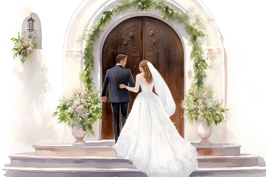 Wedding couple in front of the old door. Illustration