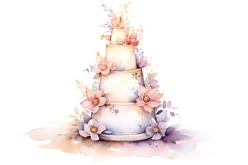 Watercolor wedding cake. Hand painted illustration isolated on white background.