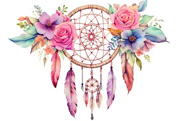 Beautiful vector image with nice watercolor dreamcatcher and flowers - obrazy, fototapety, plakaty