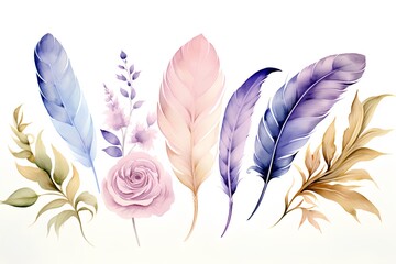 Watercolor feathers with rose, peony, rose and lavender.