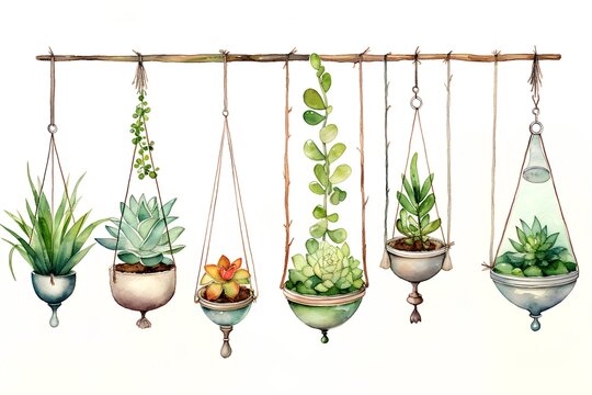 Hand drawn watercolor succulents in hanging pots isolated on white background