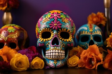 Dia de los Muertos Day of the Dead concept Mexican skull with flowers