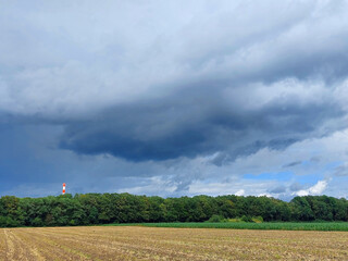 dark blue and gray clouds over green forest. Slovenia