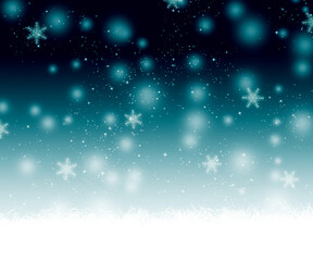 Fototapeta na wymiar キラキラと雪が降るグラデーション、青背景にふわふわ地面