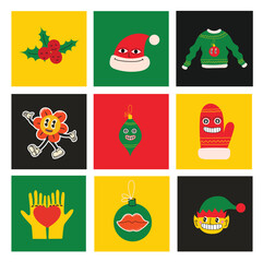 Cute cartoon characters and christmas elements for cards, seamless pattern, stickers. Merry Christmas and Happy New Year 2024. Vector trendy abstract illustrations for holiday wallpaper, fabric