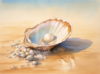 Close-up of pearl oysters on the beach, watercolor painting