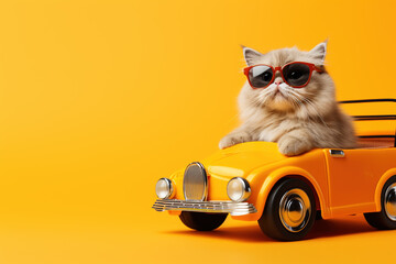 Cute cat with stylish round sunglasses in toy car on yellow background - obrazy, fototapety, plakaty