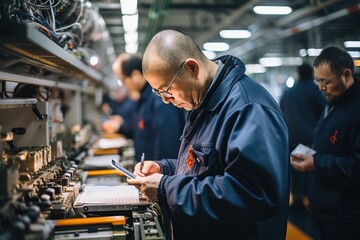 manufacturing process in a Chinese modern factory, including assembly lines, quality control, Generated with AI