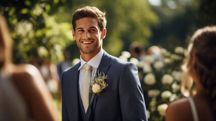 A candid summer wedding photo of the groom looking his bride, surrounded by nature, exudes his authentic happiness, capturing this milestone moment