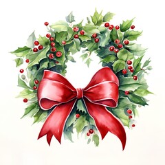 Watercolor Christmas wreath with holly and red bow on white background