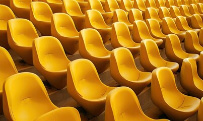 Fototapeta na wymiar Yellow plastic chairs on sports field podium