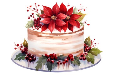 Watercolor Christmas cake with poinsettia and berries. Hand drawn illustration