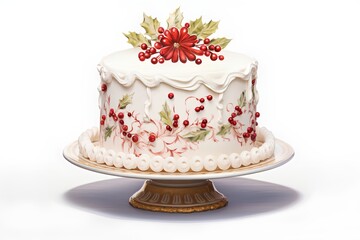 Obraz na płótnie Canvas Christmas cake with berries and holly on a white background. 3d rendering