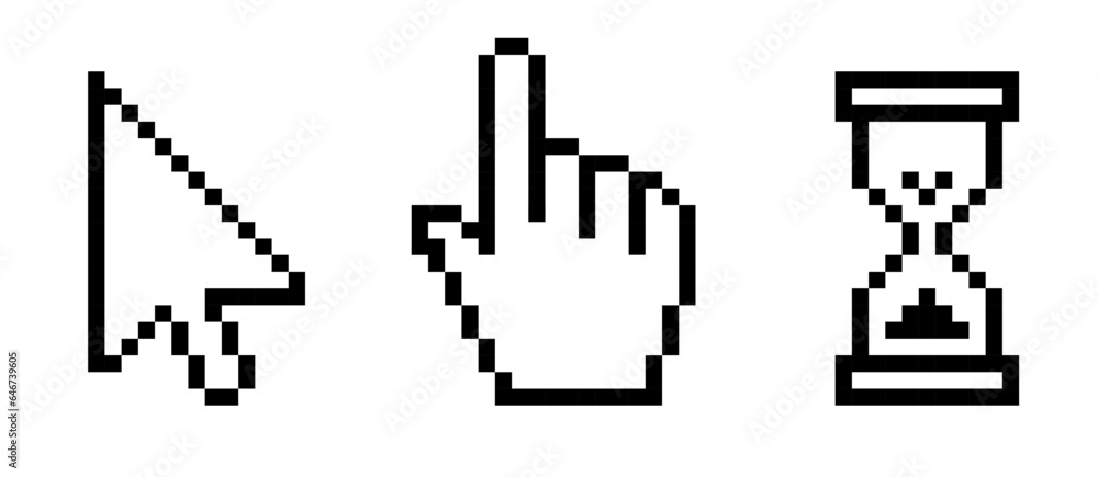 Poster pixel mouse cursor hand pointer and magnifying glass icon set. clipart image isolated on white backg
