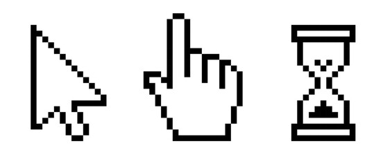 Pixel mouse cursor hand pointer and magnifying glass icon set. Clipart image isolated on white background