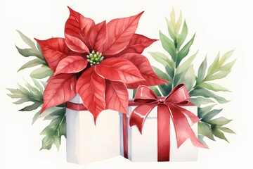 Watercolor poinsettia with gift boxes. Hand drawn illustration.