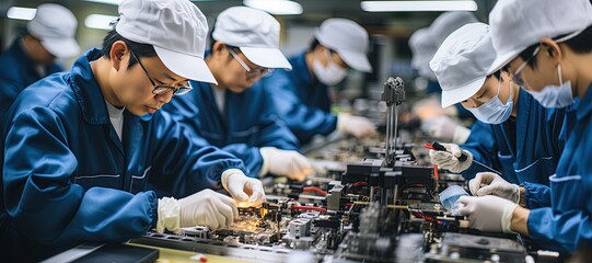 Fototapeta na wymiar manufacturing process in a Chinese modern factory, including assembly lines, quality control, Generated with AI