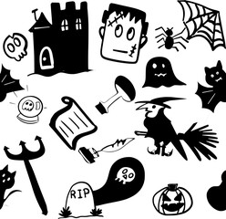 set of Halloween doodle icon from hand drawing style of black line on white background ghost, spider, pumpkin, poison, magic
