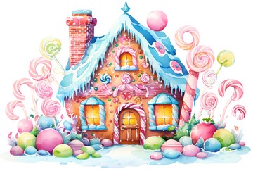 Fototapeta na wymiar Cute gingerbread house decorated with snow and colorful candies. Watercolor illustration.