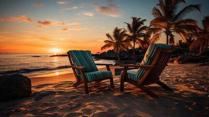 Fototapeta premium Chairs And Umbrellas Under palm trees, sunset