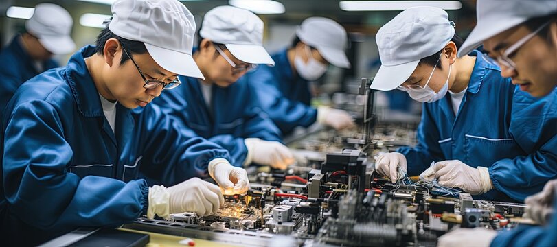 manufacturing process in a Chinese modern factory, including assembly lines, quality control, Generated with AI