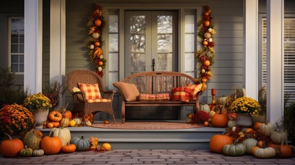 spirit of gratitude and family gatherings with an image of a front porch elegantly adorned for Thanksgiving.