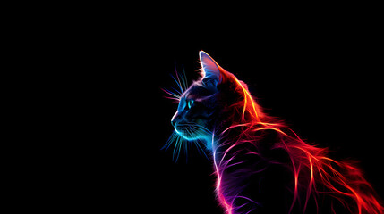 Silhouette of a cat in neon coloring on a black background.
