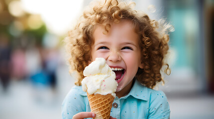 A funny boy with curly hair is holding an ice cream cone and laughing.