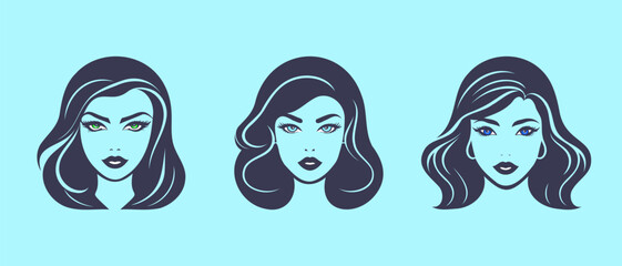 Vector set of icons or stickers. Portraits of beautiful young ladies with hairstyles and big lips. Isolated background.