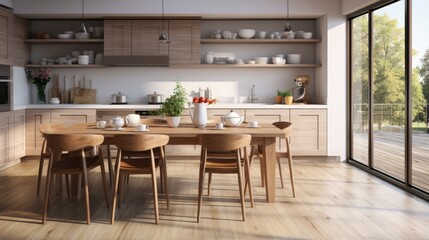 Fototapeta na wymiar Clean white kitchen interior design combined with wood nuances, modern kitchen