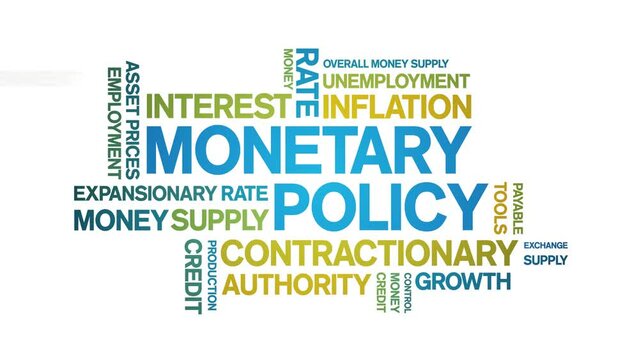 Monetary Policy animated tag word cloud;text design animation kinetic typography seamless loop.