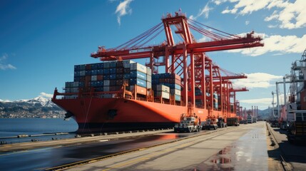 Naklejka premium Container Loading process on cargo ship with ship crane, bright blue sky background