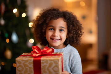 excited little girl holding a big Christmas present with christmas tree and bokeh lights in the background, candid