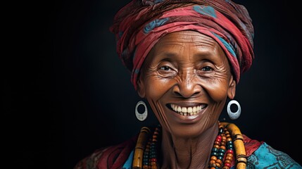 timeless beauty and wisdom of an African senior woman's radiant smile in a close-up face portrait. joy, strength, and resilience that come with age positive aging